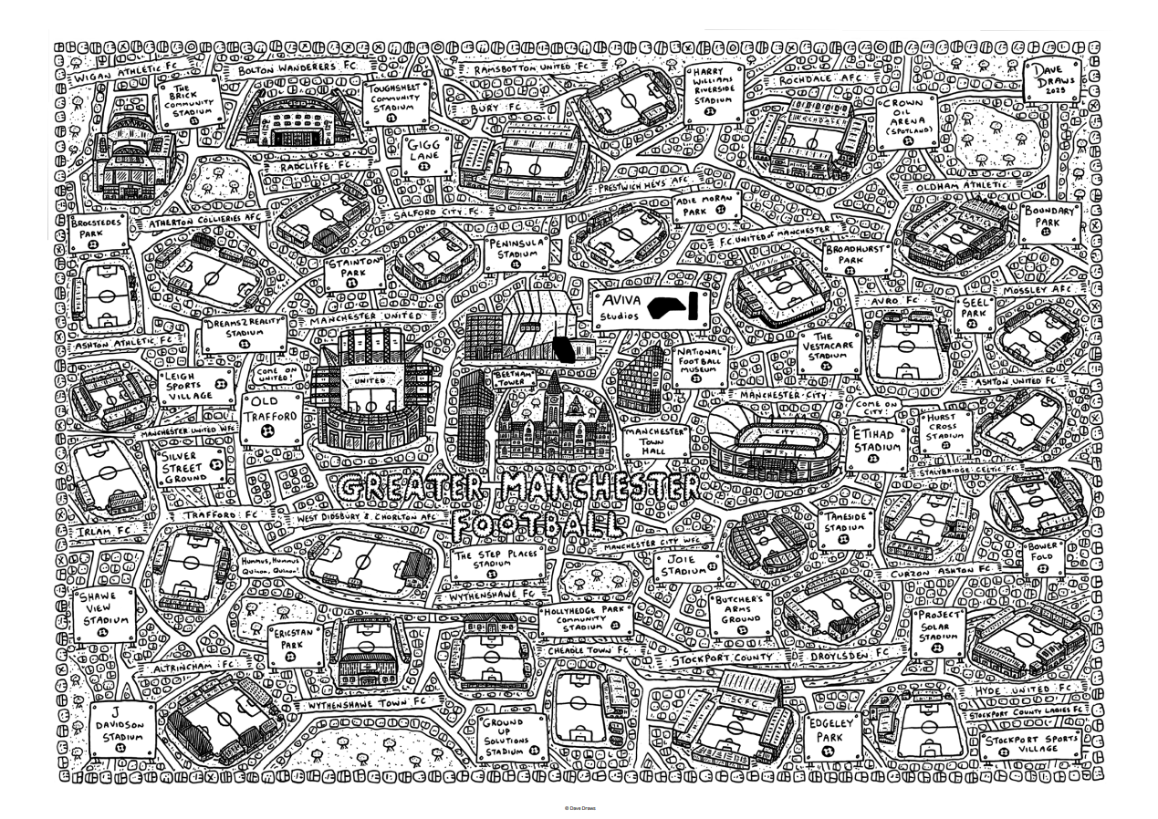Dave Draws - A3 Greater Manchester Football Doodle Map
